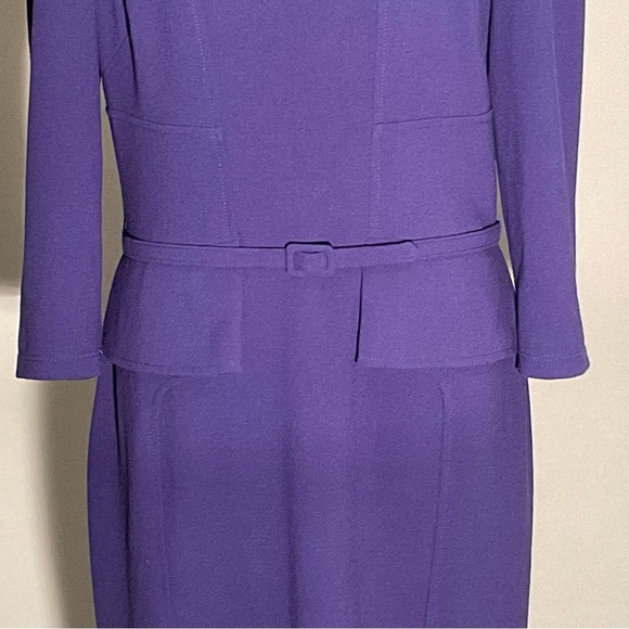 David Meister Size 10 Purple Sheath Dress Fabric Belt 3/4 Sleeve Unique Neckline - Picture 13 of 14